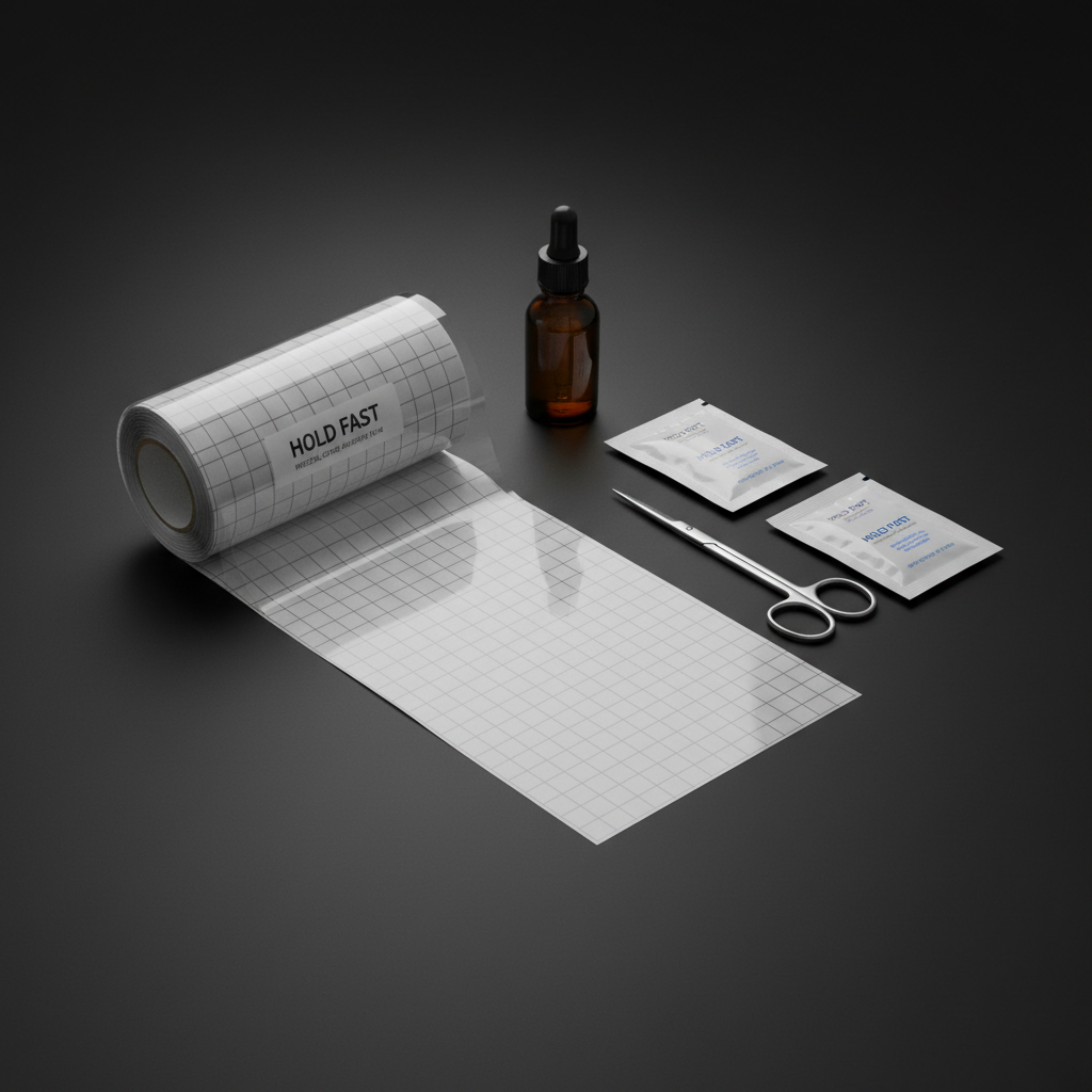 A pristine product-focused scene featuring a roll of Hold Fast transparent dermal bandage partially unrolled across a matte black surface, the film catching subtle reflections to emphasize its clarity and thinness. The backing paper shows precise grid lines and minimal branding, underscoring a medical-grade feel. Around it, neatly organized aftercare essentials—small amber bottle, sterile scissors, sealed wipes—create a tidy composition without clutter. Soft studio lighting from the left casts delicate highlights along the bandage’s edges and gentle gradients on the background, enhancing depth. Captured from a slightly elevated angle with sharp focus throughout, the overall mood is professional, precise, and reliable, with a clean, modern, photographic style well-suited to a premium tattoo aftercare brand.