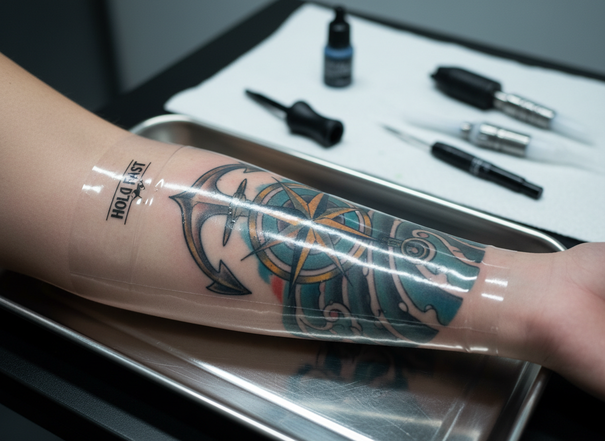 A close-up, photographic realism shot of a freshly inked forearm wrapped in a perfectly smooth, transparent dermal bandage labeled “Hold Fast,” the crisp logo subtly visible on the edge of the film. The richly colored tattoo artwork is clearly seen beneath the clear bandage, with tiny beads of moisture sealed inside but no redness or irritation. The arm rests on a spotless, stainless-steel tray in a professional studio environment, with neatly arranged, sterile tools softly blurred in the background. Cool, diffused overhead lighting creates gentle reflections on the bandage surface and clean shadows along the tray, conveying a calm, clinical, trustworthy mood. Shot at eye level with a shallow depth of field for a clean, modern, professional aesthetic.