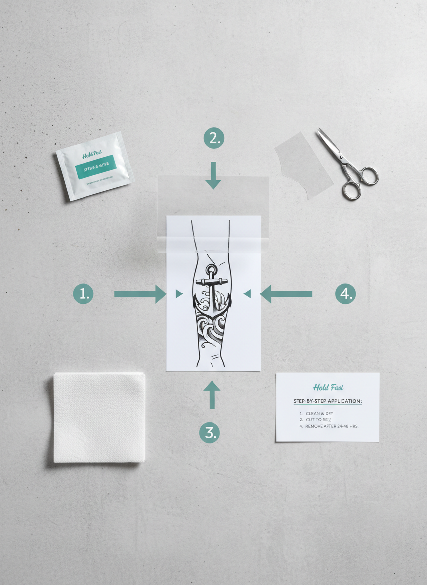 A clean, educational flat-lay demonstrating step-by-step use of Hold Fast tattoo bandage on a textured concrete background. In the center, a rectangular piece of clear bandage hovers above a printed diagram of a forearm tattoo, with numbered arrows printed beside it. Surrounding this centerpiece are neatly arranged icons of each step: a sterile wipe packet, a small paper towel, a trimmed piece of bandage, and a minimalist instruction card. Soft, diffused top-down studio lighting minimizes harsh shadows and keeps every detail legible. Shot from a true bird’s-eye view with precise, centered composition, the image has a calm, instructional, professional mood, using photographic realism and a restrained color palette of neutrals with subtle teal accent tones matching the brand.