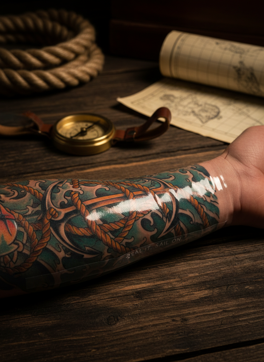 A dramatic, photographic realism image of a heavily detailed nautical-themed tattoo—anchors, ropes, and waves—in vivid colors, fully visible beneath a perfectly adhered Hold Fast dermal bandage on a forearm. The arm rests on a dark, weathered wood surface reminiscent of a ship’s deck, with subtle marine elements in the blurred background: a coiled rope, a brass compass, and a faint glimpse of a nautical chart. Warm, directional lighting from the right produces soft highlights along the glossy bandage and rich shadows in the wood grain, creating a bold yet professional atmosphere. The composition uses the rule of thirds, with the tattoo leading diagonally across the frame, shallow depth of field emphasizing the protected artwork and the idea of “Seal It. Sail On.”